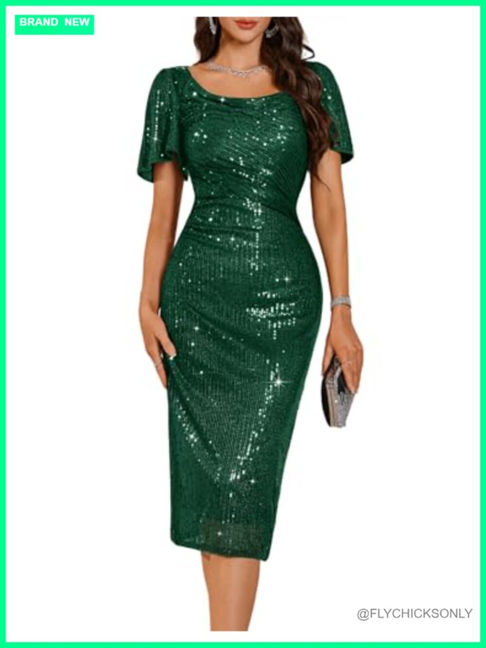 Sequin Formal Cocktail Midi Dress Ruffle Sleeve Bodycon Party